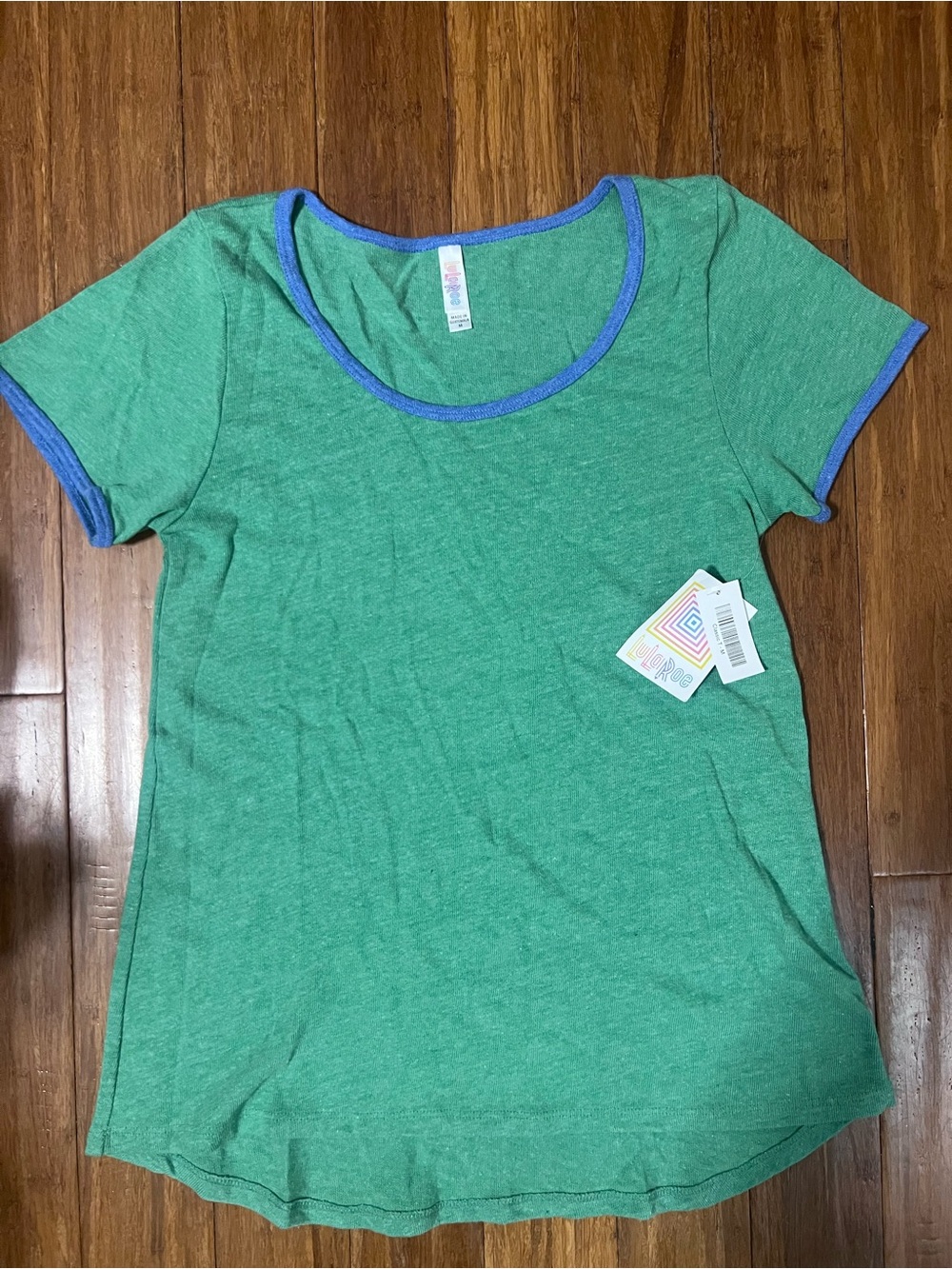 LuLaRoe Classic T  Green Tee with Light Blue Trim